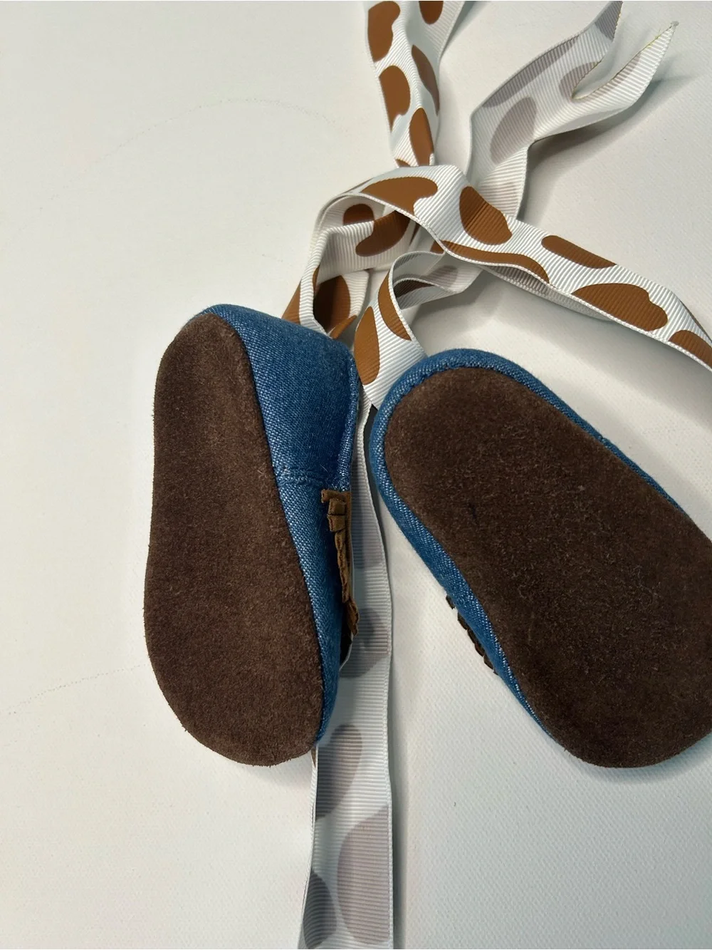 Mudpie Denim Fringe Moccasins in Blue and Brown 0-6 month 100% cotton